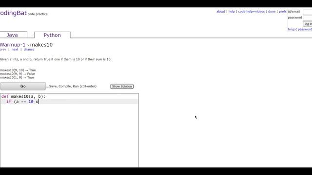 Warmup-1 (makes10) Python Tutoriall || Codingbat.com