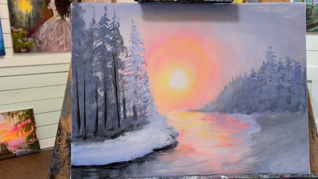 How To Paint WINTER SUNRISE ON THE RIVER смотреть онлайн