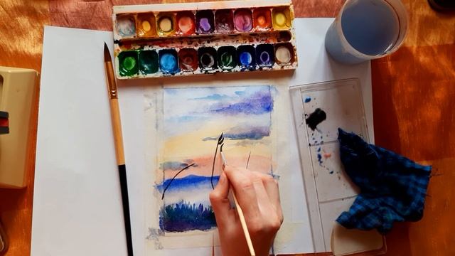 Рисую акварелью закат пейзаж с силуэтами травы для начинающих легкий смотреть онлайн