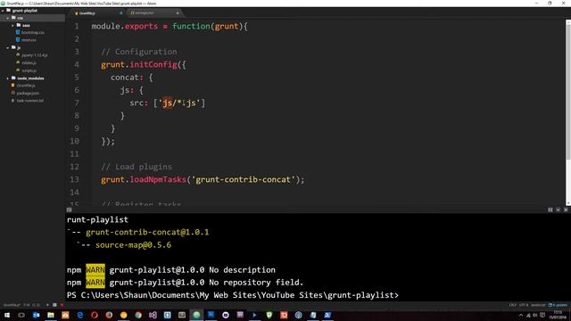 Grunt JS Tutorial #4 - Adding a Plugin (concatenating files)