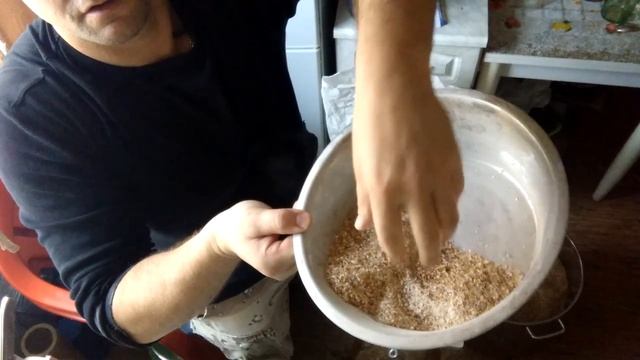 Перемалывание солода на старой мельнице мясорубке.