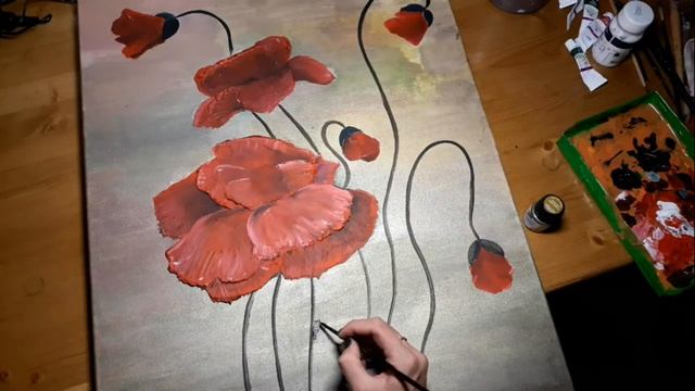 КАК РИСОВАТЬ ЦВЕТЫ. Картина акрилом. Картина с цветами. Акрил и поталь. Draw. Мак. Как рисовать мак