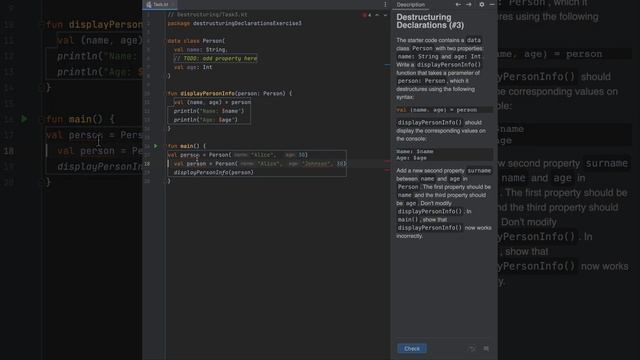 Kotlin - Destructing Declarations Person Program