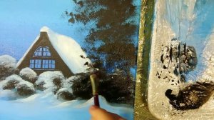 Как нарисовать Домик в снегу, падающий снег - Зимний пейзаж акрилом / Falling Snow /Acrylic Paintin