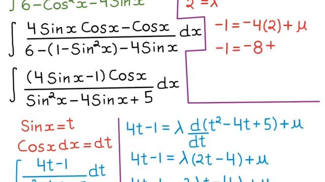 Integral (2 sin2x-cosx)/(6 – cos^2x – 4 sinx) easiest solution by Dig Your Mind смотреть онлайн