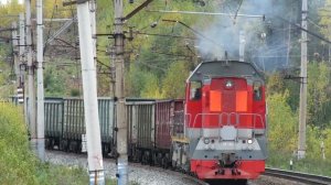 Самый мощный маневровый тепловоз ТЭМ7 с грузовым поездом