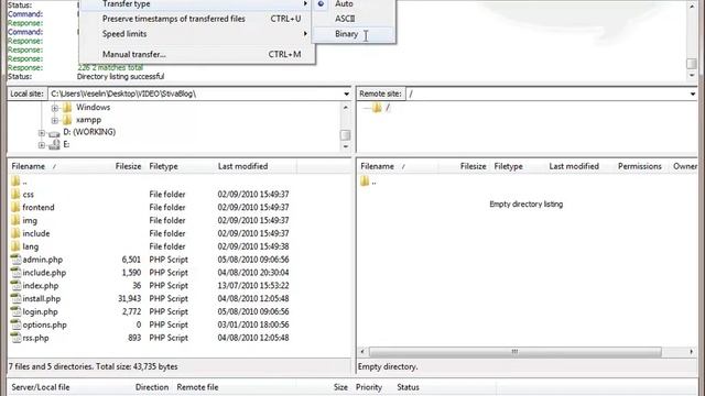 Binary File Upload with FileZilla