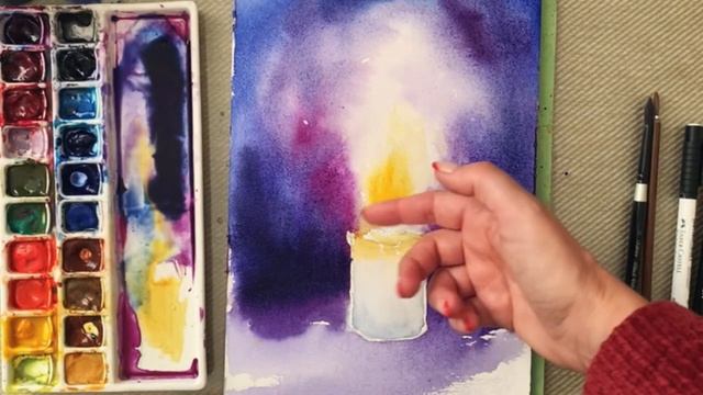 МК- нарисуем свечку, огонь акварелью. Научу легко рисовать!