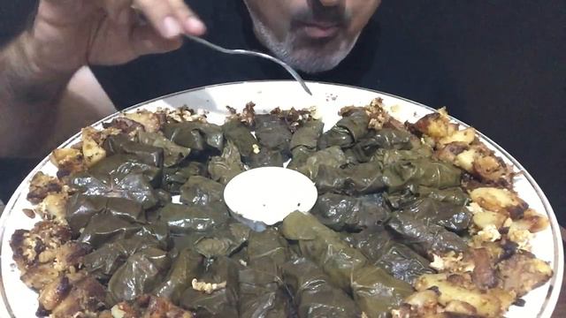 Huge portion of Azerbaijani Dolma with Grape leaves Fried Potato with Eggs  ASMR  MUKBANG