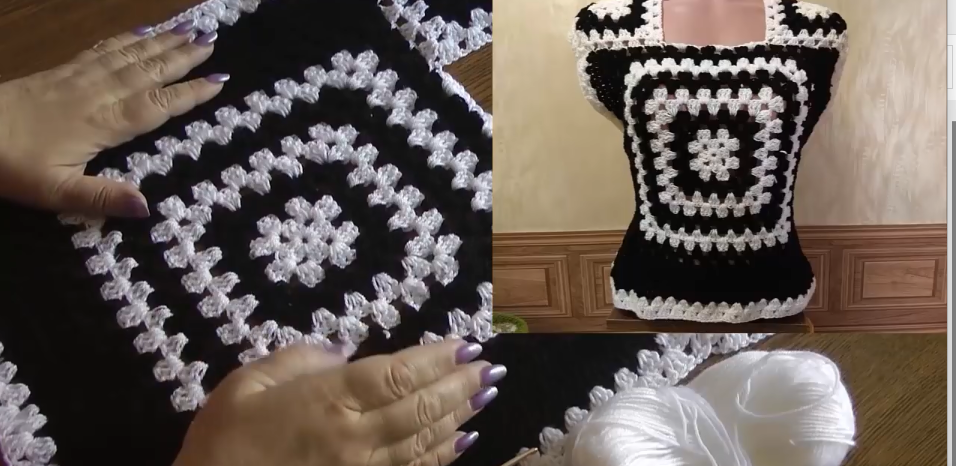 Вяжем топ, тунику, платье на основе чёрно белого квадрата смотреть онлайн