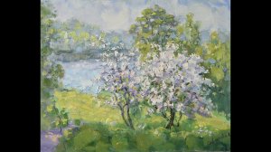 Blooming Tree Painting Apple Landscape Spring Nature Original Art