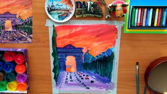 Как нарисовать пейзаж. Париж. Триумфальная арка. Акрил | How to draw a landscape. Paris.