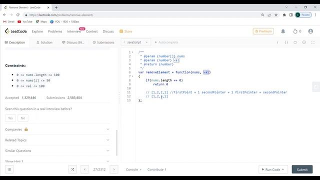 LeetCode 27 - Remove Element - JavaScript - Solution смотреть онлайн