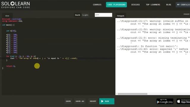 03. C++ tutorial on arrays and the size of it using Solo Learn, Code Playground