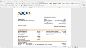 Bolivia Banco de Crédito de Bolivia banking statement template in Word and PDF format