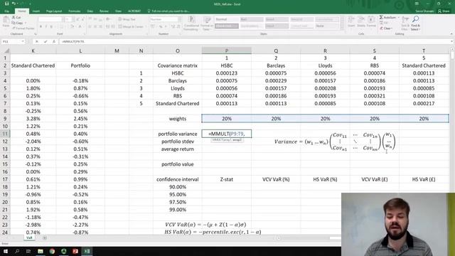 Value-at-risk (VaR) - variance-covariance and historical simulation methods (Excel) (SUB)