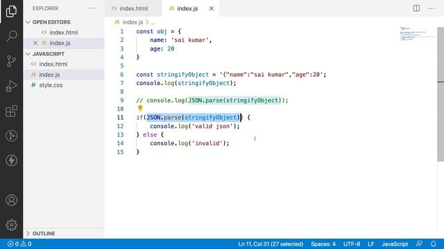 Exception Handling | JSON stringify and parse method of an Object | Part-15 | Javascript Objects