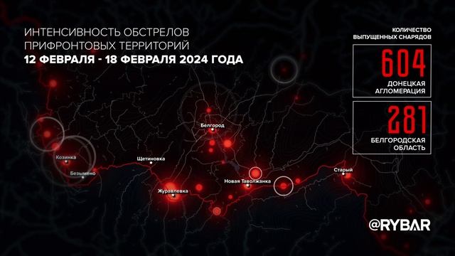 Интенсивность обстрелов прифронтовых территорий 12-18 февраля 2024 года