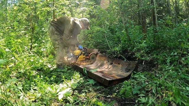 Нашли и распилили нож от трелевочника.Металлокоп по старым делянкам.
