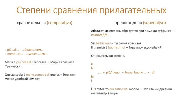 Степени сравнения прилагательных по-итальянски, частичный артикль, предлоги. 9 урок