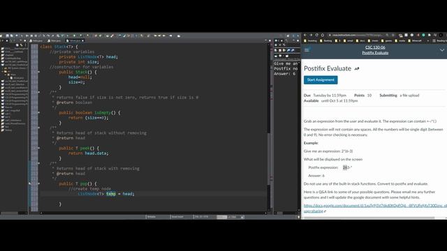 Postfix Java assignment (part 4, stack class) | Data Structures and Algorithm Analysis Lab2