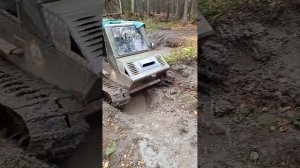 Вездеход на гусеничном ходу чуть не разулся в лесу.