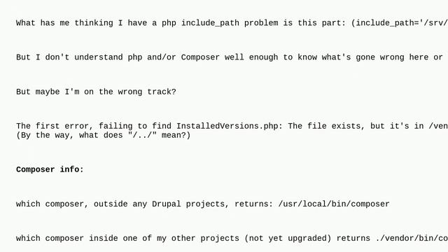 Drupal: Updating Drupal 9.5 to Drupal 10 fails with php errors: what should php include path be?