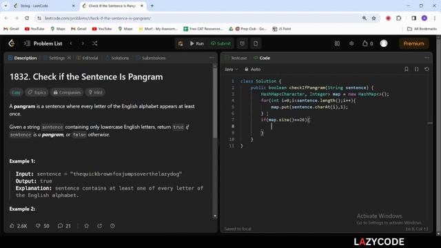 LeetCode in Java | Problem Solving in Strings : Easy Question | Check if the Sentence Is Pangram