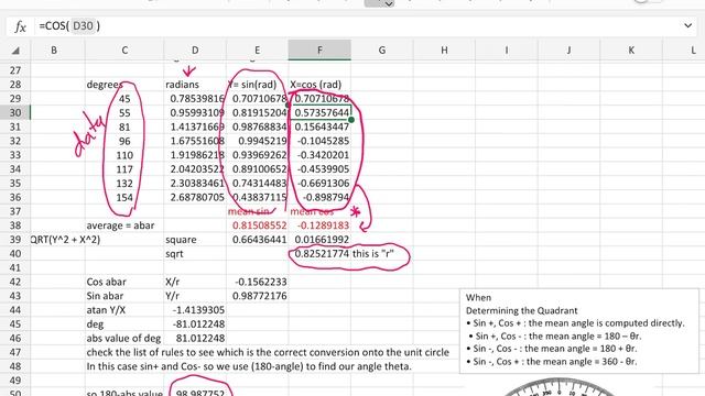 Circular Statistics in Excel calculating r and mean angle theta смотреть онлайн