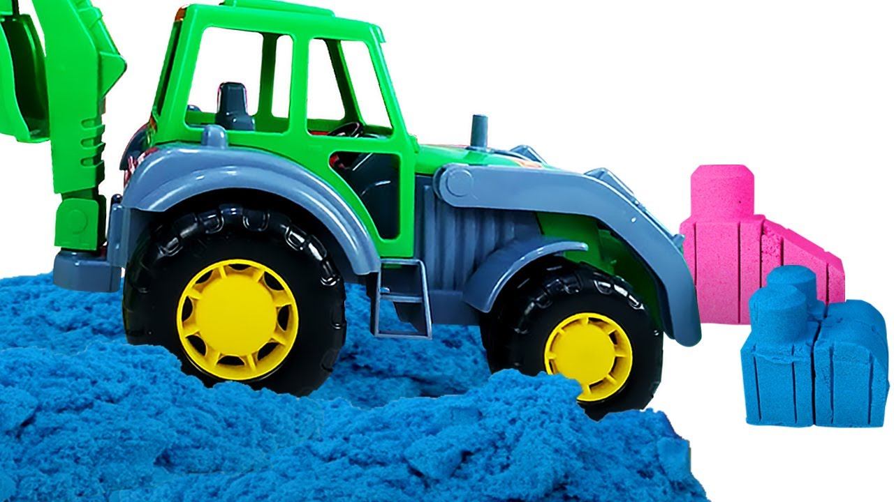 Funny games for kids with kinetic sand! Learn colors with a toy tractor for kids & a toy truck.