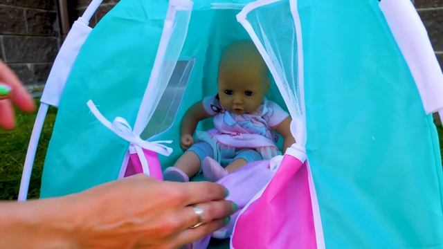 Baby Annabell doll morning routine & baby doll camping - Kids play dolls and toys. смотреть онлайн