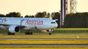 Boeing 777-200 Austrian OE-LPF. Flagship return to base at sunset. Vienna International Airport VIE