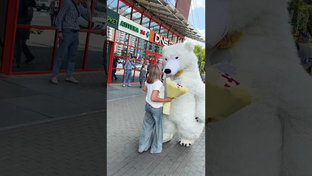 поздравление белого медведя возле работы #белыймишка #заказатьмелведя #деньрождения #большоймишка смотреть онлайн