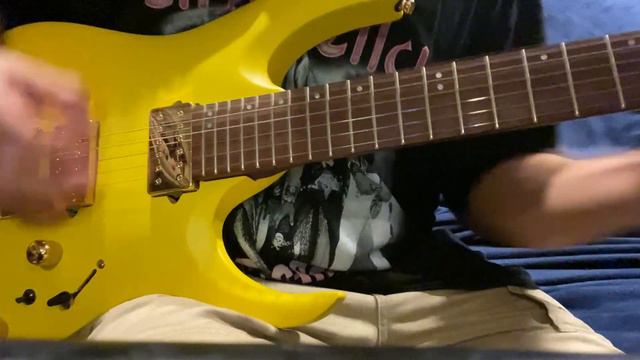 Yellow Ibanez RGAR42HP EVH 5150iii amp Keeley Dark Side pedal. letting loose on a Friday night.