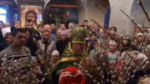 Протоиерей Владимир Агриков освящает вербу на всенощной в Тайнинском (Мытищи)