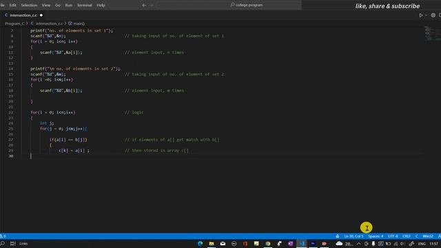 intersection of two sets program in c language #coding
