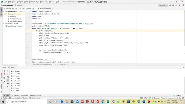 PyCharm librosa mfcc create .csv file read file