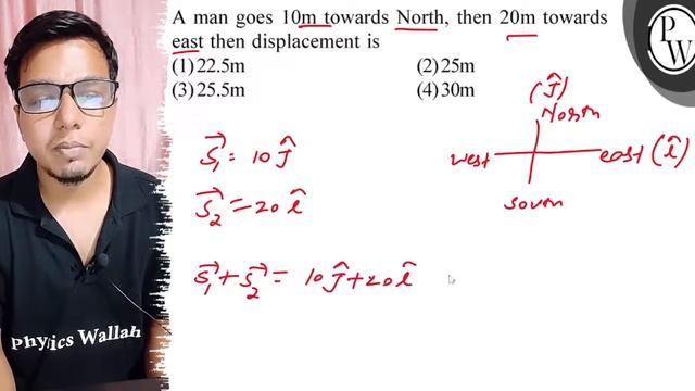 A man goes 10  m towards North, then 20  m towards east then displacement is
(1) 22.5  m
(2) 25  .. смотреть онлайн