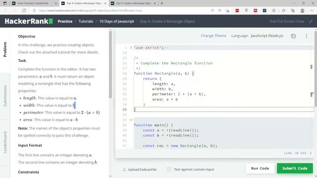 HackerRank 10 Days of JavaScript Solutions: Create a Rectangle Object (Day 4)