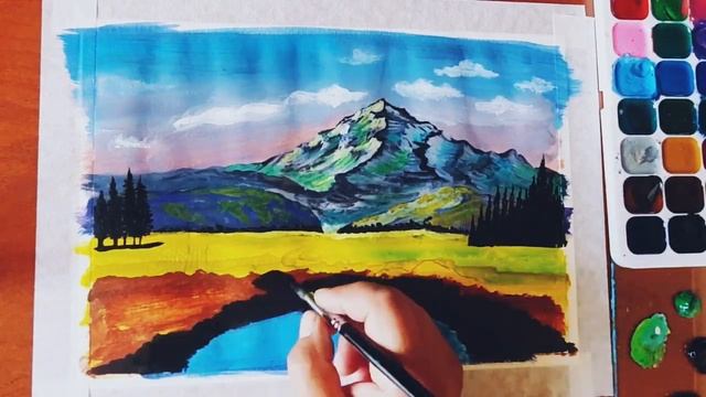 Как нарисовать горы и водопад. How to draw mountains and a waterfall. смотреть онлайн