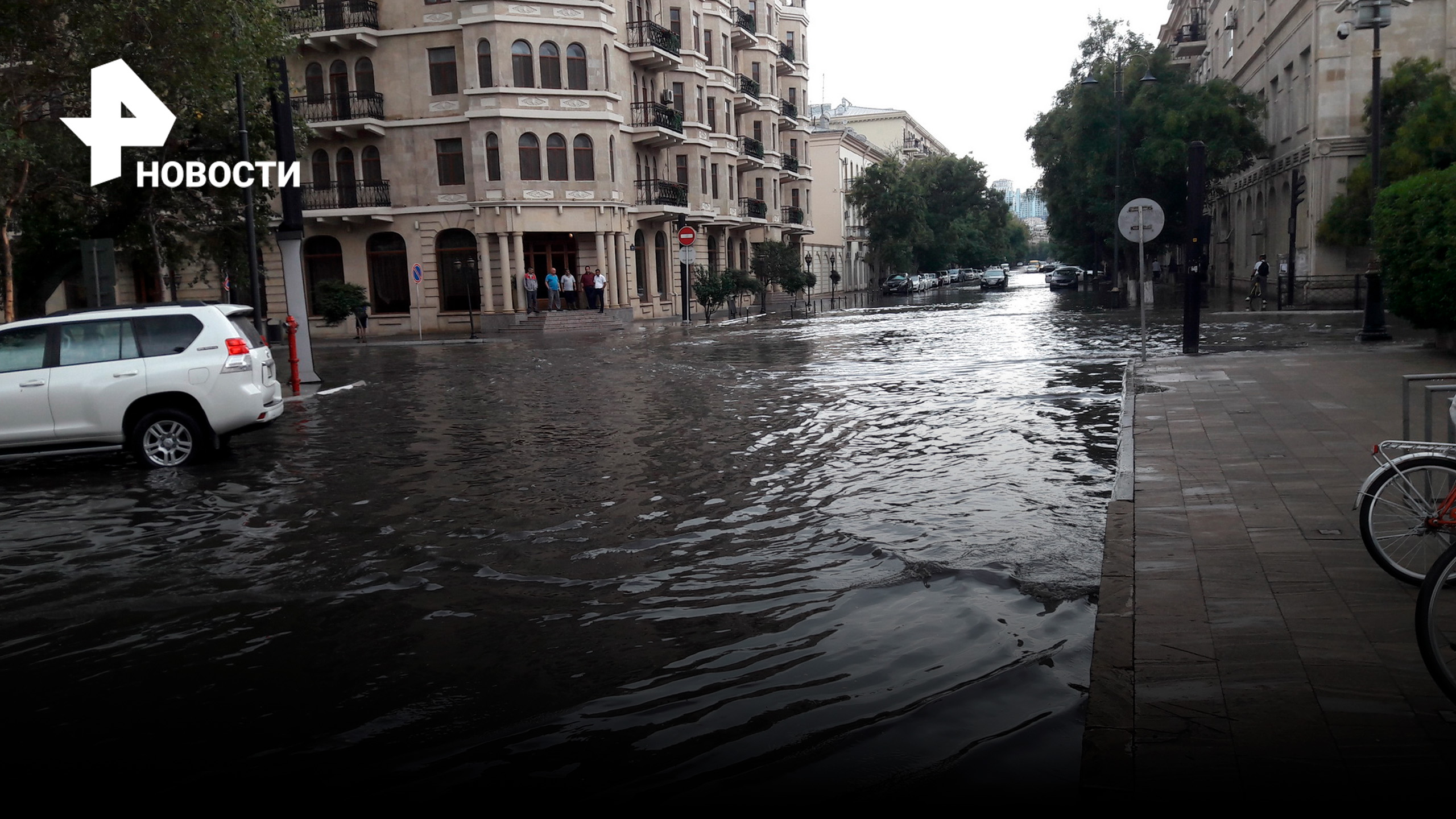 Хозяин потащил песика гулять во время потопа в Баку / РЕН Новости
