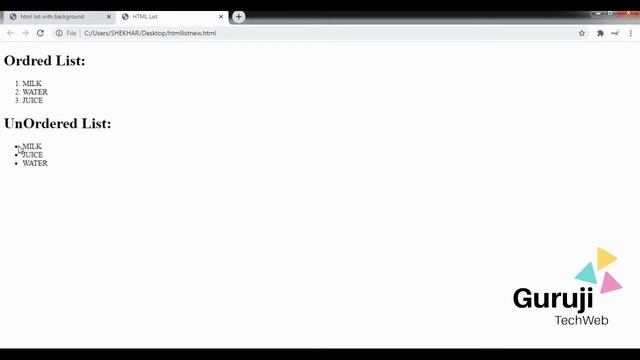 HTML video tutorial - 8 - html ol tag, ul tag,dl tag and html li tag, background image set