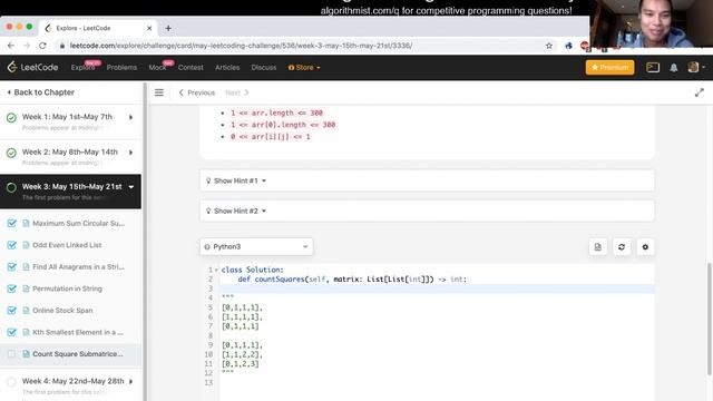 Count Square Submatrices with All Ones (python) - Day 21/31 Leetcode May Challenge