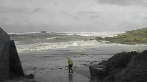 Большая волна уносит людей в море.