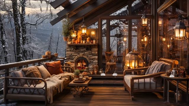 Relaxing Jazz Melodies Outdoor Cabin Winter, Snowfall & Fireplace Crackling🌨Jazz Instrumental Music смотреть онлайн