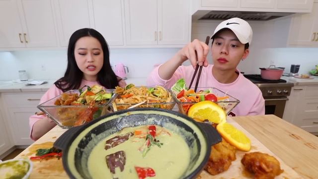 SUPER SPICY THAI FOOD! Curry, Pad Thai Noodles, Orange Chicken + BOBA TEA MUKBANG