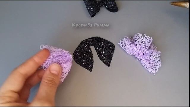 Бантики канзаши из эко-кожи и кружева, бантики канзаши своими руками.