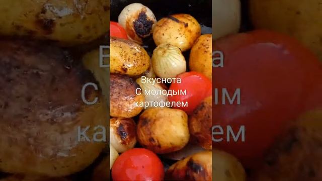 ЖАРЕНАЯ МОЛОДАЯ КАРТОШКА ЦЕЛИКОМ С ЛУКОМ И ПОМИДОРАМИ