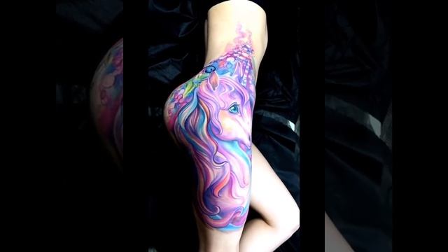 Beautiful unicorn tattoo on thigh and mid section