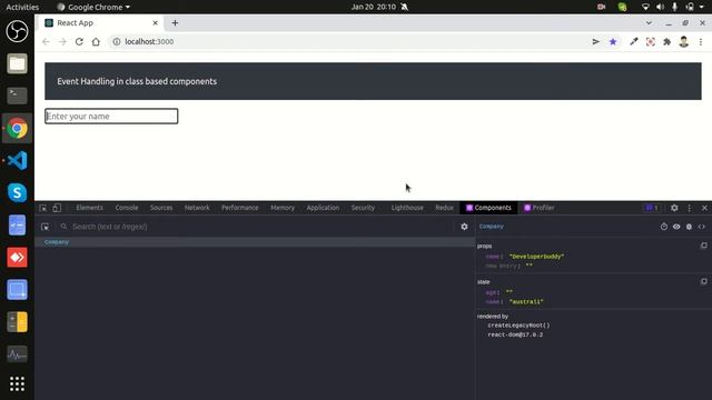 What is event handling in react js and how to update state in class based components?